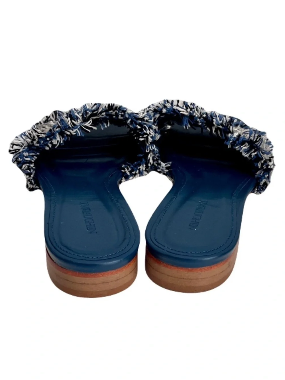J. McLaughlin Navy Blue ‘Lile’ Raw Edge Denim Sandals, Size 6